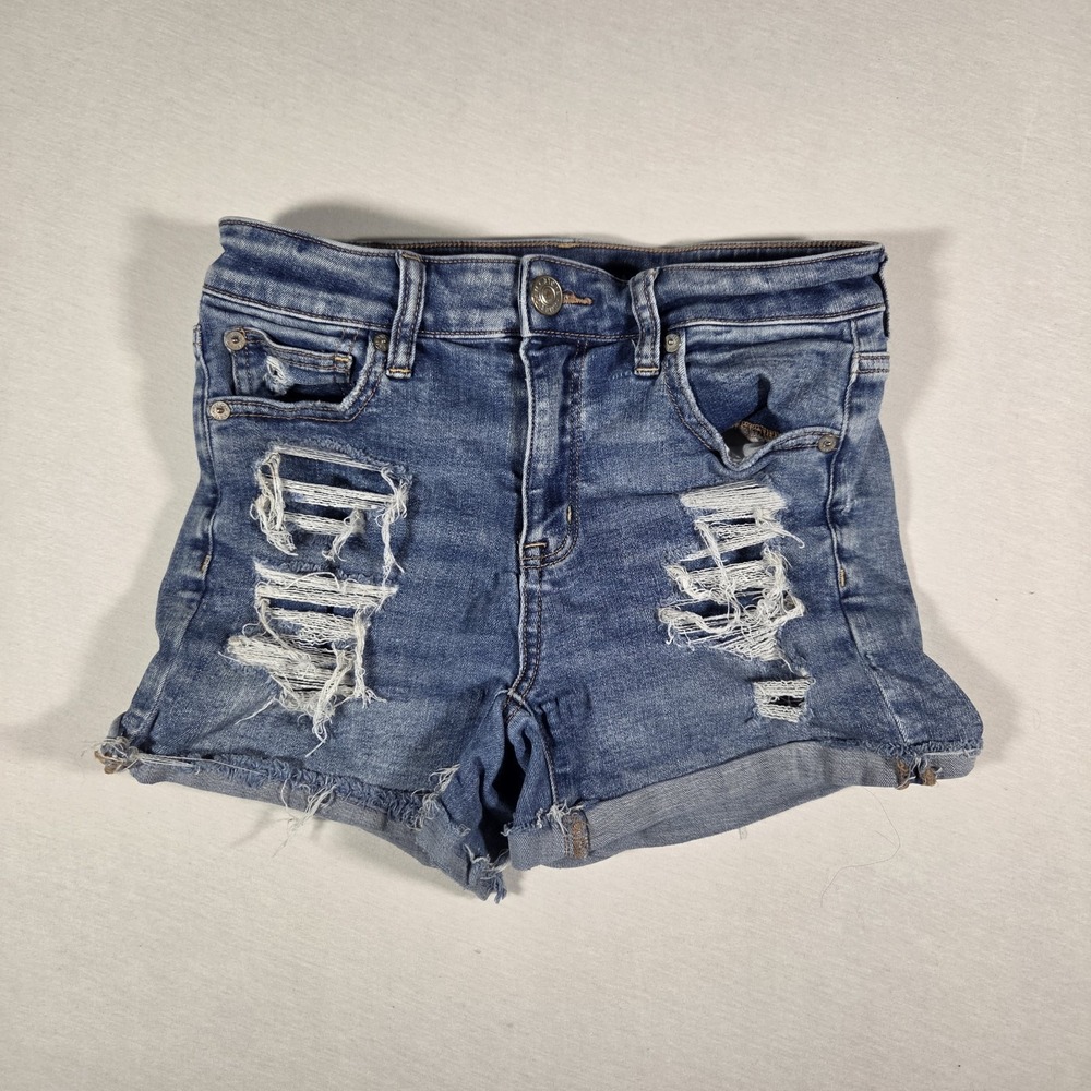 American Eagle Shorts High Rise Shortie Denim Womens Size 4 Distressed - Picture 2 of 9